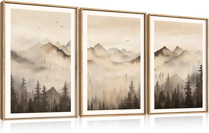 Celestdeco Nature Misty Forest Framed Canvas Wall Art Set, Foggy Landscape Wall Decor, Watercolor Pine Tree Wall Painting, Large Mountains Art Print for Living Room, Bedroom, Office - 24"X36"X3-Ruum Studio Home