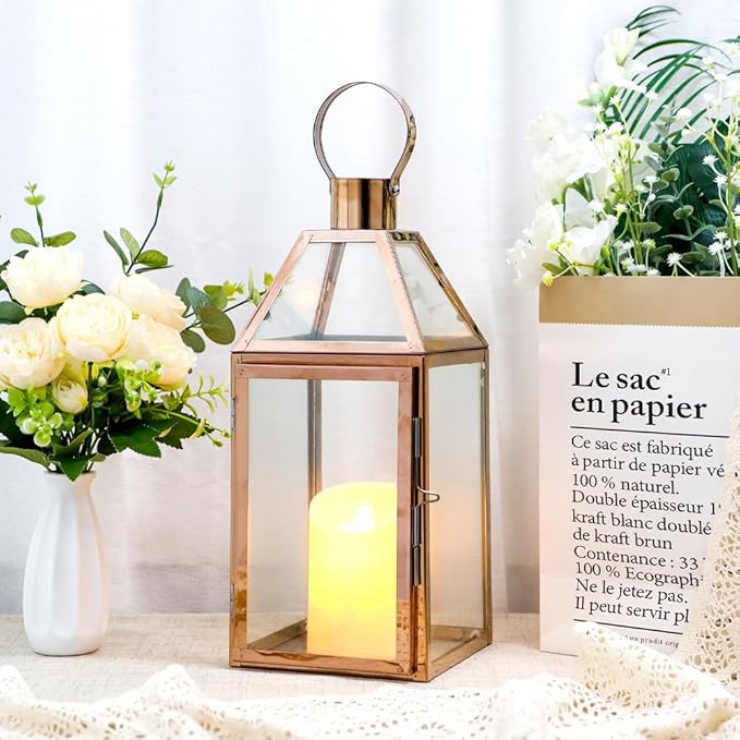 JHY Design Rose Gold Decorative Lanterns 16 inch High Stainless Steel Candle Lanterns with Tempered Glass for Indoor Outdoor Events Parities and Weddings-Ruum Studio Home