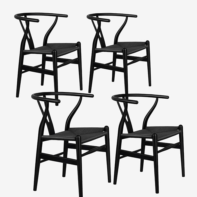 Wishbone Chair Natural Solid Wood Dining Chair/Hans Vegner Y Chair Rattan and Wood Accent Armrest Chairs Set of 4 (Ash Wood - Black)-Ruum Studio Home
