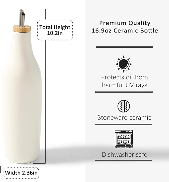 HOMCDALY Ceramic Olive Oil Dispenser for Kitchen, Stoneware 16oz Oil and Vinegar Bottles Dispenser, Kitchen Dispenser Bottle for EVOO Vinegar Syrups, Modern Farmhouse Design(W)-Ruum Studio Home