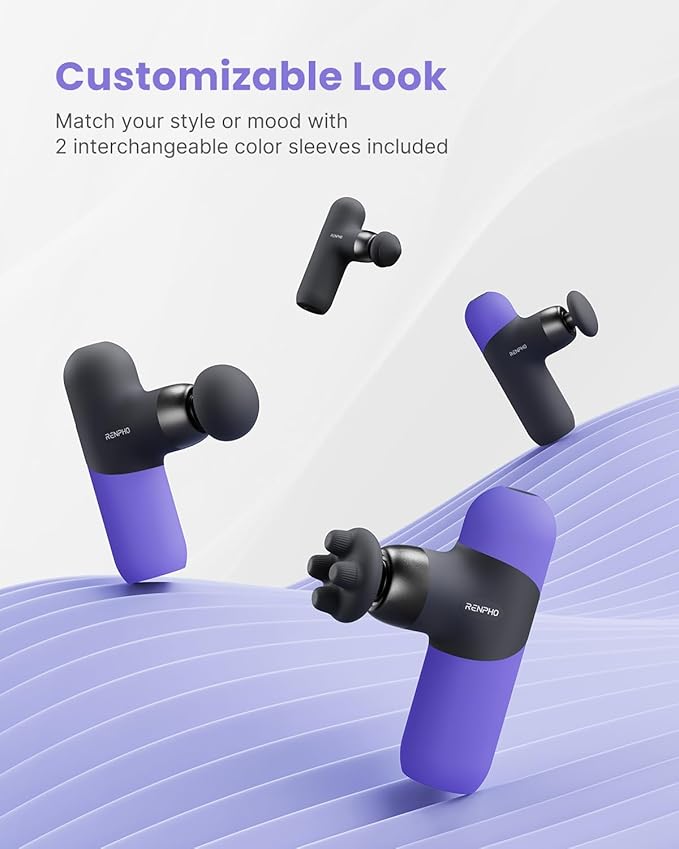 RENPHO Mini Thermal Massage Gun with Heat, Portable Deep Tissue Percussion Massager, Color Silicone Sleeves Travel Size with Carry Case, Purple-Ruum Studio Home
