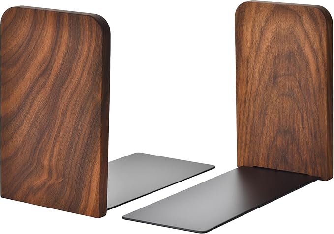 Book Ends, Black Walnut Wooden Bookends for Shelves - Heavy Duty Non-Slip Book Organizers, Upgraded Decorative Bookend Holders for Home, Kitchen, Office, Set of 2, Small-Ruum Studio Home