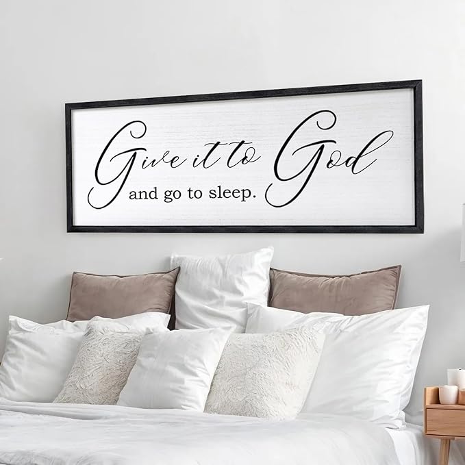 Give It To God And Go To Sleep Sign Wall Decor 40x15 Inch Large Farmhouse Master Bedroom Above Bed Hanging Wall Art Rustic Guest Room Wood Framed Over Bed Wall Decoration (Black)-Ruum Studio Home