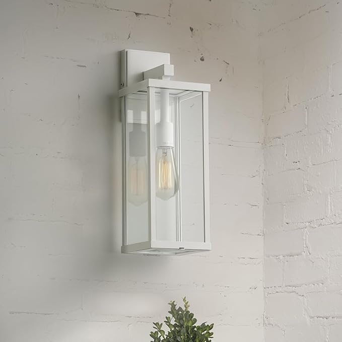 mirrea 18" Classic Outdoor Wall Sconce 1 Light in Matte White Rectangular Metal Frame and Clear Glass Shade Waterproof Porch Light Patio Light Pack of 2-Ruum Studio Home