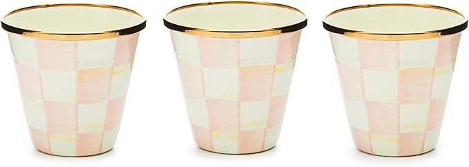 MACKENZIE-CHILDS Enamel Herb Pots, Small Plant Pots for Herbs or Flowers, Set of 3, Pink-and-White Rosy Check-Ruum Studio Home