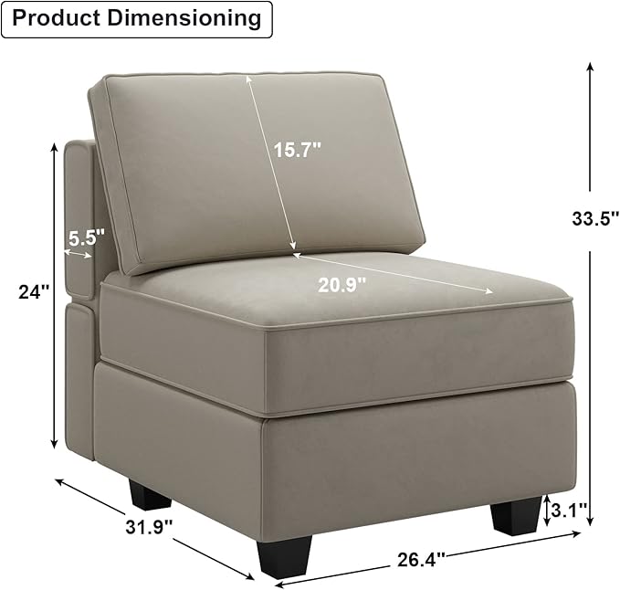 Belffin Modular Sofa Middle Module with Storage Accent Armless Chair for Modular Sectional Sofa Couch Velvet Grey-Ruum Studio Home