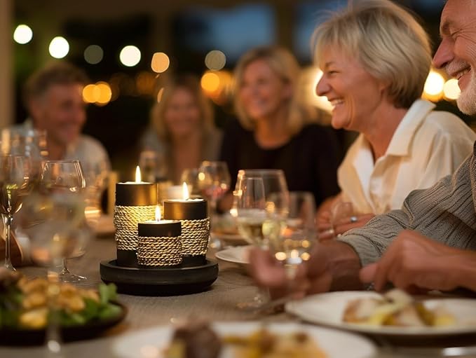 IYARA CRAFT Tealight Candle Holders with Tray – Set of 3 Handmade Wooden Candle Holders with Natural Rope Accent – Rustic Black Decor for Table Centerpiece, Office or Gift-Ruum Studio Home