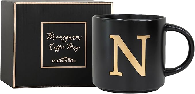 COLLECTIVE HOME - Monogram Ceramic Mugs, 15 oz Golden Initial Black Coffee Cups, Elegant Alphabet Tea Mugs, Elegant Personalized Mug with Gift Box, Unique Mug with Double Side Capital Lette (N)-Ruum Studio Home