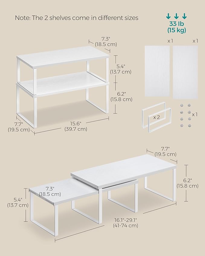 SONGMICS Cabinet Organizer Shelf, Set of 2 Kitchen Counter Shelves, Kitchen Storage, Spice Rack, Stackable, Expandable, Metal and Engineered Wood, Cloud White and Snow White UKCS025W01-Ruum Studio Home