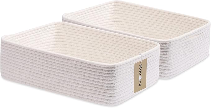 Large Shallow Organizing Baskets 15x11x5.1 Inches - Rope Woven Storage Bins for Bathroom, Shelves, Cube Closet, Off White 2 Packs-Ruum Studio Home