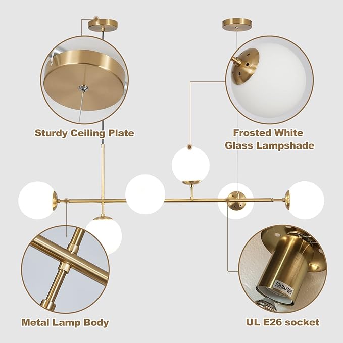 KCO Lighting Modern Globe Linear Chandelier 6 Light Milk Glass Chandeliers White and Gold Pendant Light Fixture Mid Century Rectangle Chandelier Brass Sputnik Island Lights for Kitchen-Ruum Studio Home