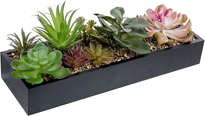 MyGift Artificial Assorted Succulent Arrangement in Rectangular Black Wood Planter Box, Fake Plant Decor-Ruum Studio Home
