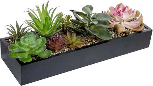MyGift Artificial Assorted Succulent Arrangement in Rectangular Black Wood Planter Box, Fake Plant Decor-Ruum Studio Home