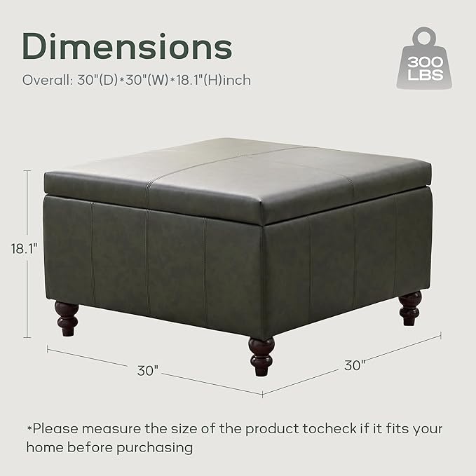 HUIMO Square Leather Storage Ottoman,Ottoman Coffee Table with Storage for Living Room (Vintagegreen)-Ruum Studio Home