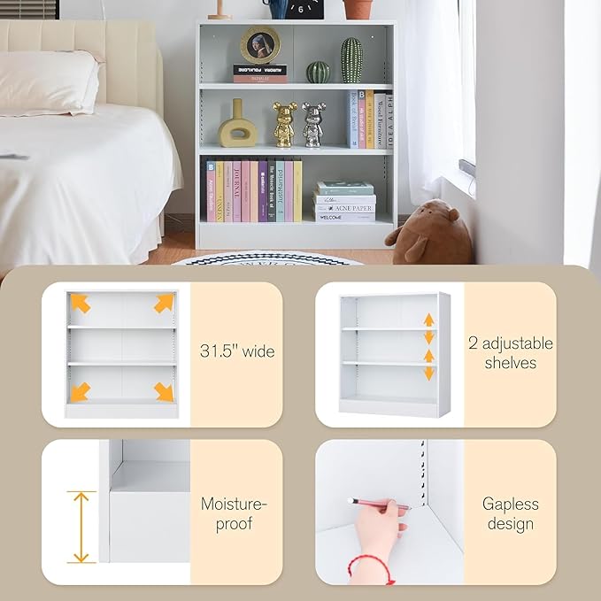 3-Tier Bookshelf with Adjustable Shelves, White Metal Space Saving Storage Shelf Bookcase, Small Open Storage Shelf for Living Room, Home Office, Dinning Room, Pantry (White-36H)-Ruum Studio Home
