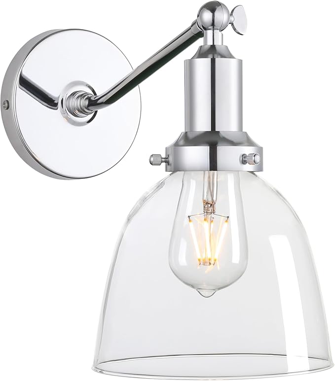 PERMO Industrial Vintage Wall Sconce Chrome Wall Sconce with 6.7" Oval Dome Clear Glass Shade Light Lamp Fixture-Ruum Studio Home