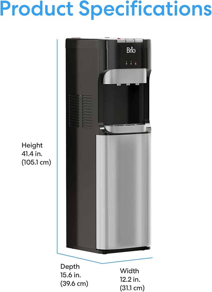 Brio Bottom Loading Water Cooler Dispenser for 5 Gallon Bottles - 3 Temperatures with Hot, Room & Cold Spouts, Child Safety Lock, LED Display with Empty Bottle Alert, Stainless Steel-Ruum Studio Home