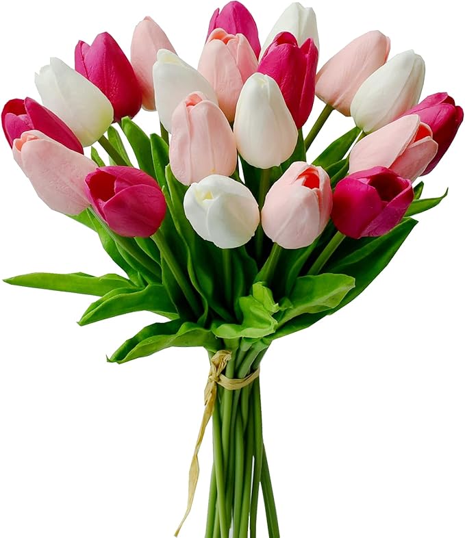 Mandy's Artificial Tulips 20 Stems Shades of Pink PU Faux Flowers for Wedding Home Decor 13.5 Inch-Ruum Studio Home