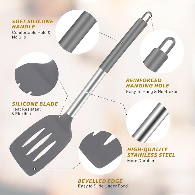 5-Piece Silicone Kitchen Tool Set, BPA-Free, Heat-Resistant, Non-Stick & Dishwasher-Safe, with Slotted/Solid Spoons & Spatulas for Frying, Mixing, Draining – Includes Multi-Purpose Serving Hook(Gray)-Ruum Studio Home