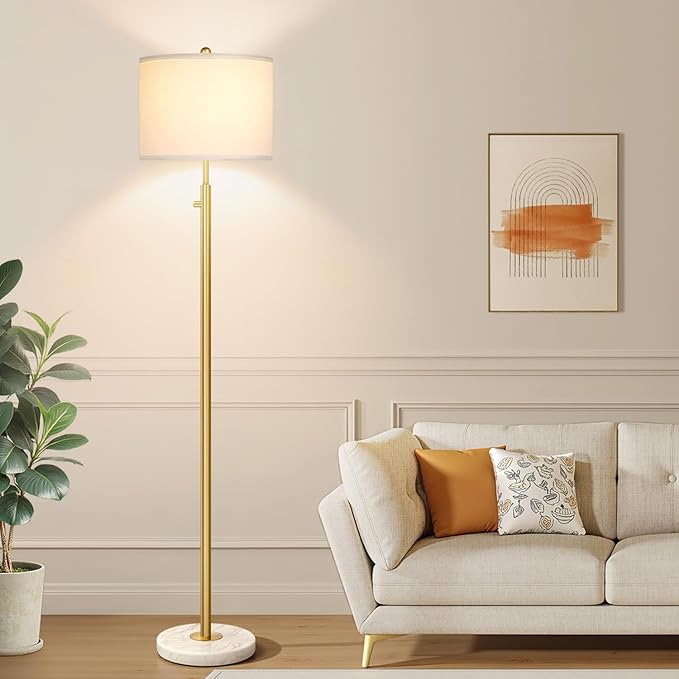 【Upgraded】Dimmable Gold Floor Lamps for Living Room, 11W LED Bulb Included, Modern Standing Lamp with Marble Base, Tall Pole Light with White Linen Shade for Bedroom Reading Office Corner Nursery-Ruum Studio Home