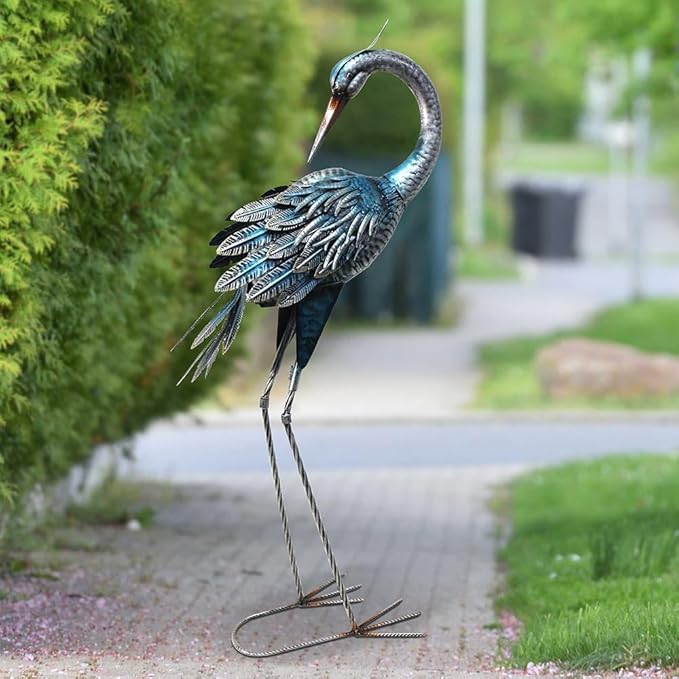 37 Inch Blue Heron Crane Statue, Metal Yard Art Outdoor Decoy, Garden Sculpture for Lawn/Pond Decoration, 1Pc, ORTBL-CR24053A-18-Ruum Studio Home