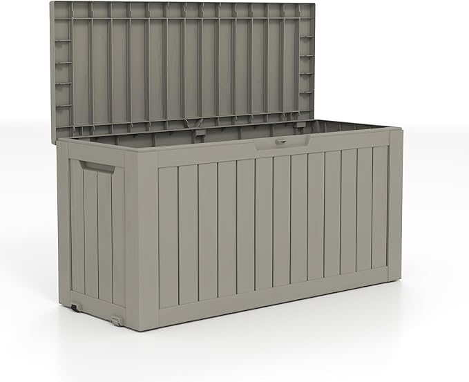 90 Gallon Lockable Resin Deck Box with Wheels, Waterproof & UV-Resistant Outdoor Storage Box for Outdoor Cushion Storage, Garden Tools & Pool Accessories Storage, Gray-Ruum Studio Home