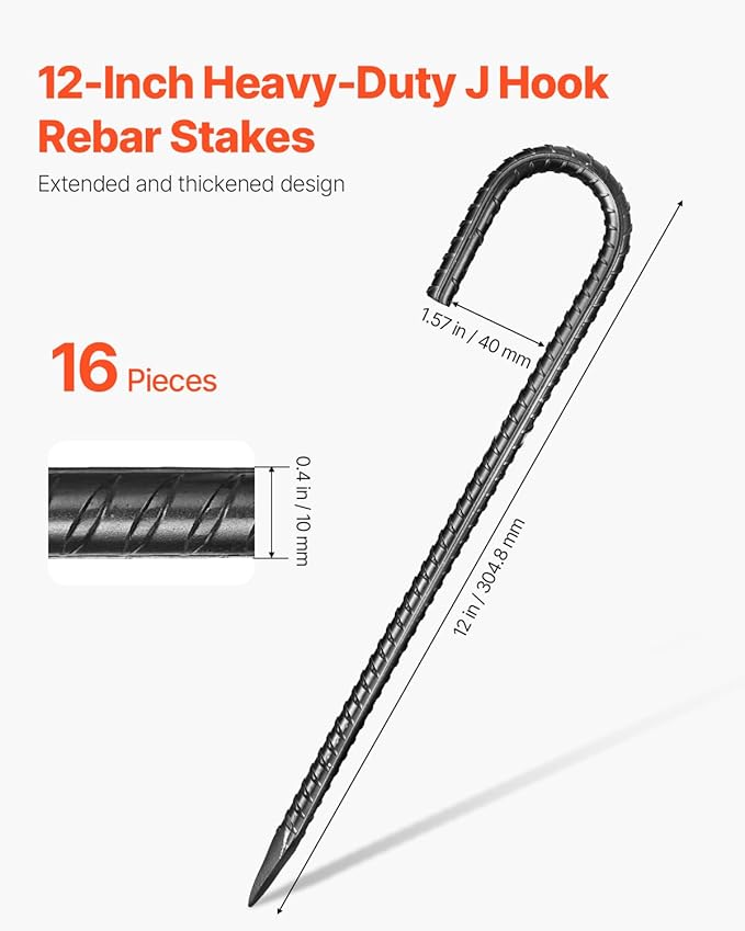 VEVOR Rebar Stakes, 12-Inch, Heavy-Duty 0.4 in Diameter J Hook, Galvanized Steel Ground Anchors with Chisel Point End & Rust-Resistant Coating, for Gardening Support, Fence, Camping Tents (16-Pack)-Ruum Studio Home