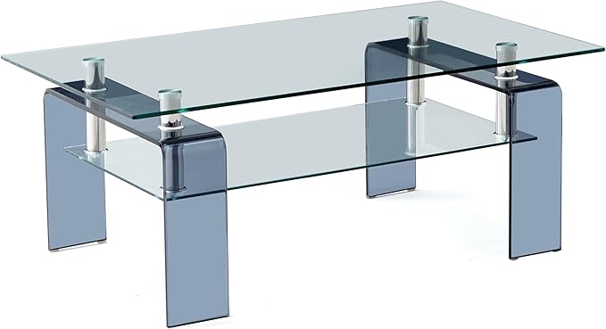 Glass Coffee Table Rectangle Living Room Center Table with Storage, Clear Tempered Glass Tabletop and Smoke Grey Leg,for Living Room and Office (Clear+Smoke)-Ruum Studio Home