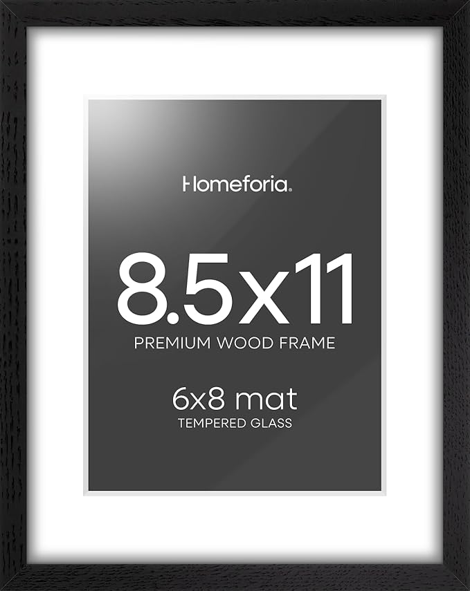 Homeforia 8.5x11 Picture Frame Black Wood, High End Oak 8.5 x 11 Frames with Mat 6 by 8 Print, 8.5by11 Wooden Frame Matted to 6x8 inch Photo, Wall or Tabletop Frame, Tempered Glass, Wall Kit, Set of 1-Ruum Studio Home