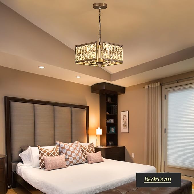 12” 4-Light Modern Crystal Chandeliers Nickel Dinning Room Light Fixture, Square Pendant Light Kitchen Island Chandelier, Flush Mount Ceiling Light for Living Room Entryway Bedroom Foyer-Ruum Studio Home