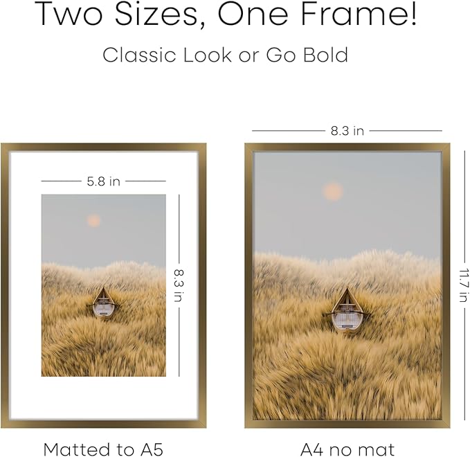 Homeforia A4 Picture Frame Bronze, High End Metal 8.3 x 11.7 inch Brass Poster Frames with Mat 5.8 by 8.3 Print, A4 Frames Matted to A5 Photo, 8.3x11.7 Wall or Tabletop Frame, Tempered Glass, Set of 1-Ruum Studio Home