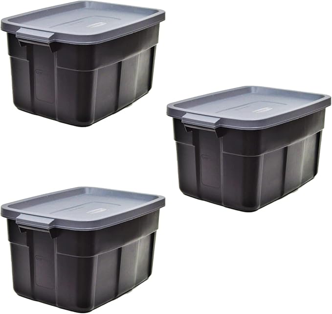 Rubbermaid Roughneck Tote 31 Gal, 3 Pack, Made in USA, Black & Gray, Rugged Plastic Stackable Storage Bins with Lids and Handles-Ruum Studio Home