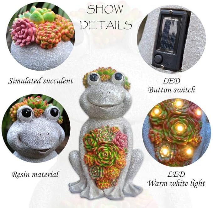 Large Frog Solar Garden Outdoor Statues with Succulent and 8 LED Lights,Outside Solar Frog Art Decor for Lawn,Yard, Balcony Ornament-Ruum Studio Home