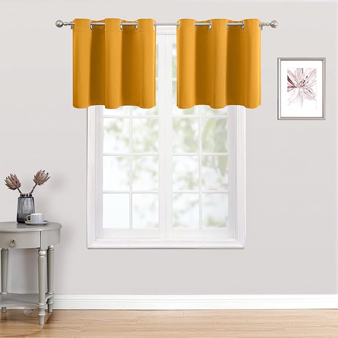 ChrisDowa Small Kitchen Valances for Windows - Grommet Short Thermal Insulated Room Darkening Window Valances Curtains for Living Room (2 Panels, Mustard Yellow, 52 x 18 Inch)-Ruum Studio Home