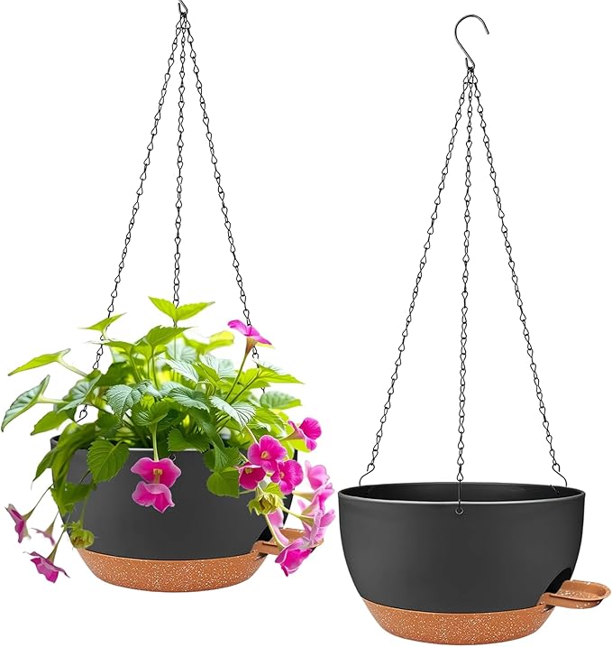 2 Pack Hanging Planters for Indoor Outdoor Plants, 12 Inch Self Watering Hanging Pot with Drainage Holes and Saucer, Plastic Plant Pots, Black Brown Flower Pots for Kitchen, Balcony, Garden-Ruum Studio Home