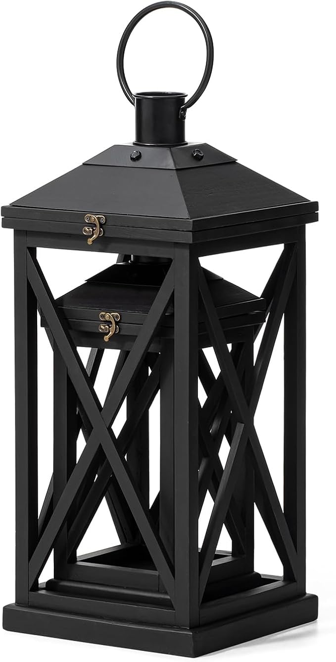 Glitzhome Modern Farmhouse Wooden Lantern Hanging Decorative Candle Lantern for Outdoor & Indoor Black Set of 2 (No Glass)-Ruum Studio Home