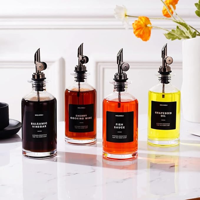 Molimoli Olive Oil Dispenser Bottle for Kitchen With Weighted Pourer - Glass Cruet Set of 4 | 350ml-Ruum Studio Home