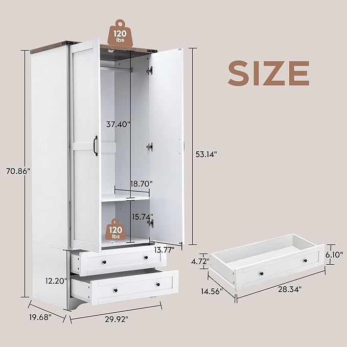 Brafab Armoire Wardrobe Closet with 2 Modern Doors, 71" Tall Freestanding Closet Wardrobe Cabinet with Drawers and Hanging Rail, Light Wooden Storage Cabinet with Shelve for Bedroom (White, 2 Doors)-Ruum Studio Home