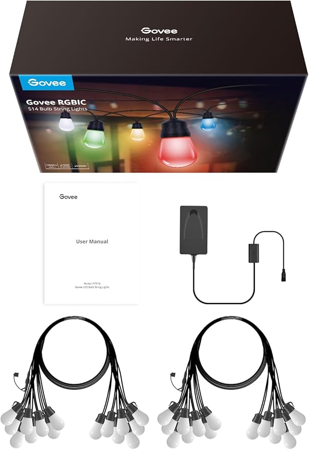 Govee Smart Outdoor String Lights H7016, 96ft RGBIC Outdoor Lights with 30 Dimmable LED Bulbs, IP65 Waterproof, Color Changing Warm White Lights with 47 Scene Modes for Patio, Backyard, App Control-Ruum Studio Home