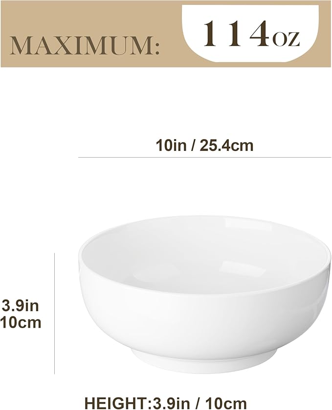 MALACASA Serving Bowls, 114 OZ(10") Extra Large Salad Bowls Set of 2, Porcelain White Serving Bowls for Salad, Soup, Pasta and Dinner, Large Ceramic Bowl Set for Entertaining, Series REGULAR-Ruum Studio Home