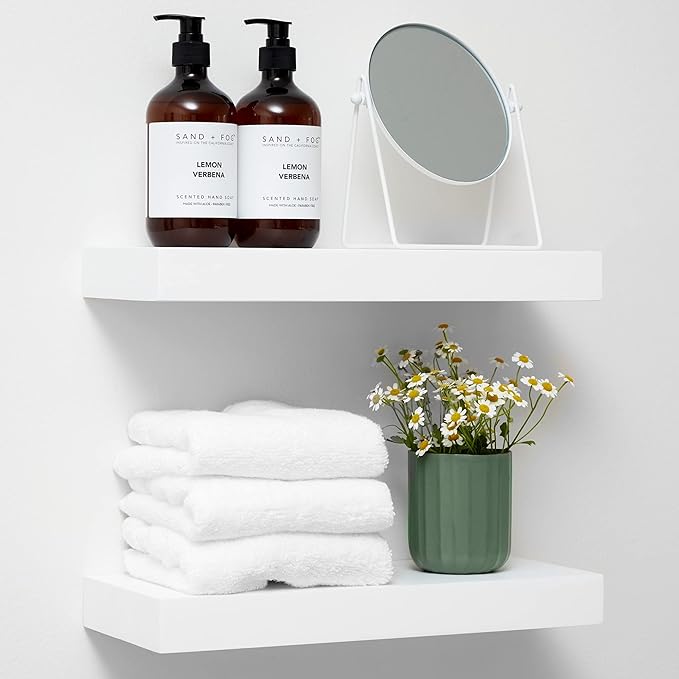 Homeforia White Floating Shelves 16 inch, High End Solid Real Wood 16inch Bathroom Floating Shelf for Wall Mounted, White Wooden 16 Floating Shelves, Heavy Duty Bracket, 16 X 6.5 X 1.75 inch, Set of 3-Ruum Studio Home