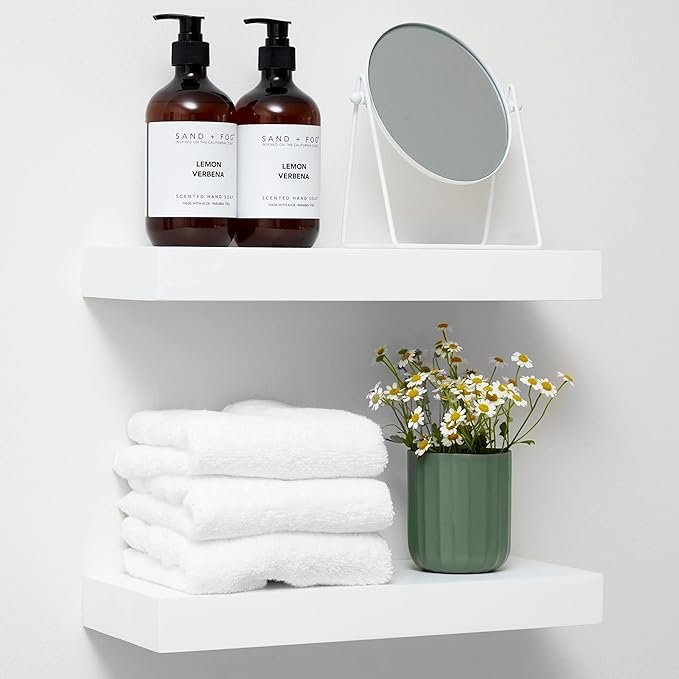 Homeforia White Floating Shelves 16 inch, High End Solid Real Wood 16inch Bathroom Floating Shelf for Wall Mounted, White Wooden 16 Floating Shelves, Heavy Duty Bracket, 16 X 6.5 X 1.75 inch, Set of 2-Ruum Studio Home
