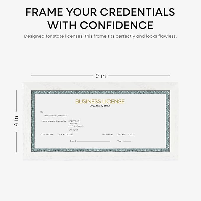 Homeforia 4x9 Business License Frame White, High End Oak 4 x 9 White Wood Certificate Frames, 9x4 Wooden Document Frames for Wall or Tabletop, 4 by 9 Picture Frames, Tempered Glass, Wall Kit, Set of 1-Ruum Studio Home