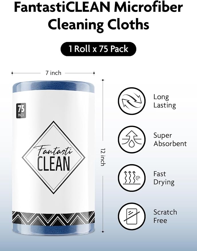 Fantasticlean Microfiber Cleaning Cloth Roll -75 Pack, Tear Away Microfiber Towels, 12" x 12", Reusable, Washable, Scratch Free, Ultra Absorbent Dish Rags for Car, Home, Garage or Shop (Navy Blue)-Ruum Studio Home