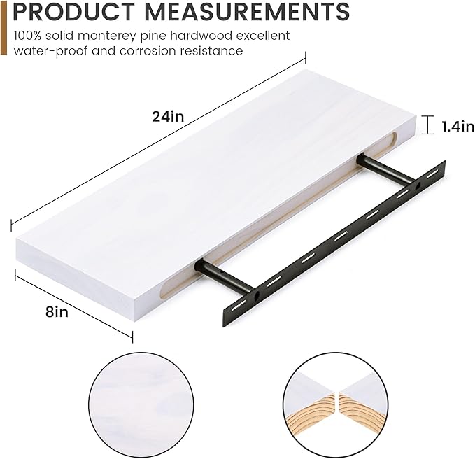 Farmhouse Floating Shelves - 8 Inch Deep Rustic Wood Wall Shelf - Premium Solid Pine Wood Storage Shelf Display Shelf for Kitchen Living Room Bedroom - 24"W x 8"D - Set of 2 - White Color-Ruum Studio Home