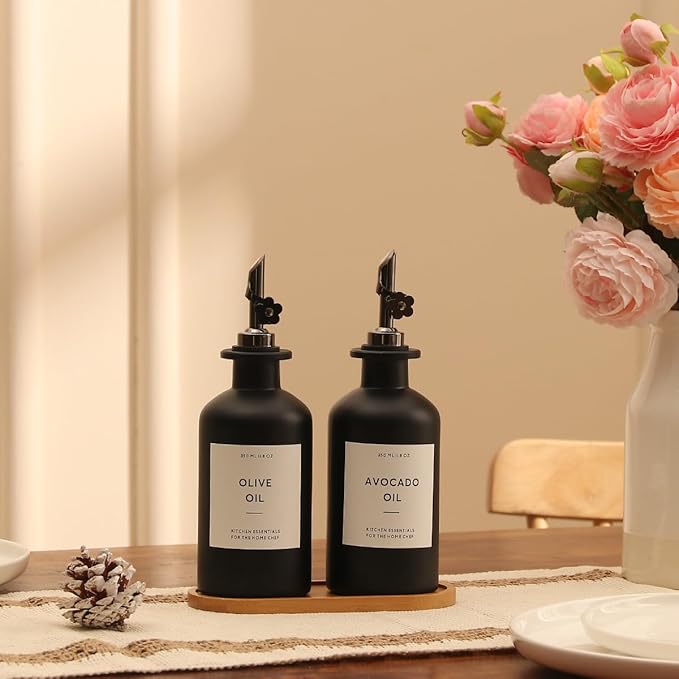 HOMCDALY Olive Oil Dispenser for Kitchen, 11.8oz Glass Kitchen Dispenser Bottle, Black Oil&Vinegar Cruet Set, Leakproof Olive Oil Bottles | Set of 2 (11.8oz – Black)-Ruum Studio Home
