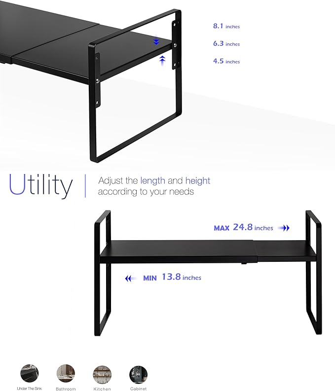 Nxconsu Cabinet Shelf Expandable Height Adjustable Shelf Organizer Riser for Kitchen Cabinet Pantry Cupboard Under Sink Countertop Organization Storage Space Saver Stackable Heavy Duty Metal Black XXL-Ruum Studio Home