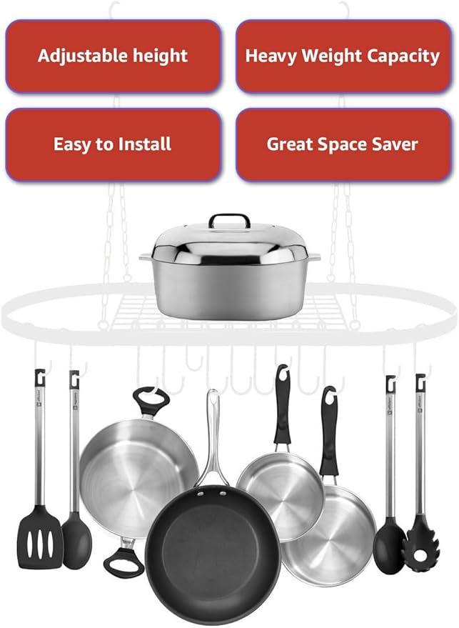 Sorbus® Pot and Pan Rack for Ceiling with Hooks — Decorative Oval Mounted Storage Rack — Multi-Purpose Organizer for Home, Restaurant, Kitchen Cookware, Utensils, Books, Household (Hanging Black)-Ruum Studio Home