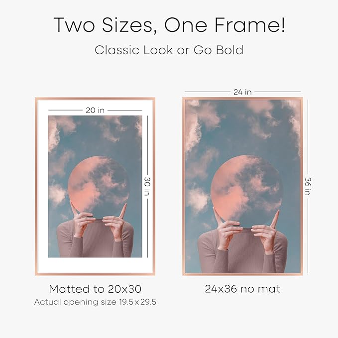 Homeforia 24 x 36 Poster Frame Rose Gold, Premium 24x36 Puzzle Frame Metal Matted to 20x30 Photo, 36 x 24 Picture Frame with Mat for 20 x 30 Photo, Tempered Glass, Wall Hook Included, Set of 1-Ruum Studio Home