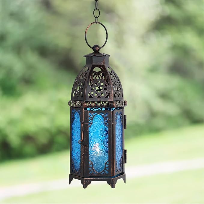 NEEDOMO Hanging Moroccan Lantern, 11'' Vintage Candle Holder, Metal Lanterns Decorative Indoor Outdoor, Table, Patio, Porch, Shelf, Gothic Home Decor (Blue, Medium Size)-Ruum Studio Home